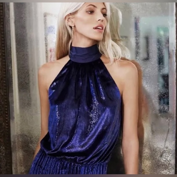 Ramy Brook Lori Womens Velvet Metallic Halter Dress, Navy - Picture 3 of 3